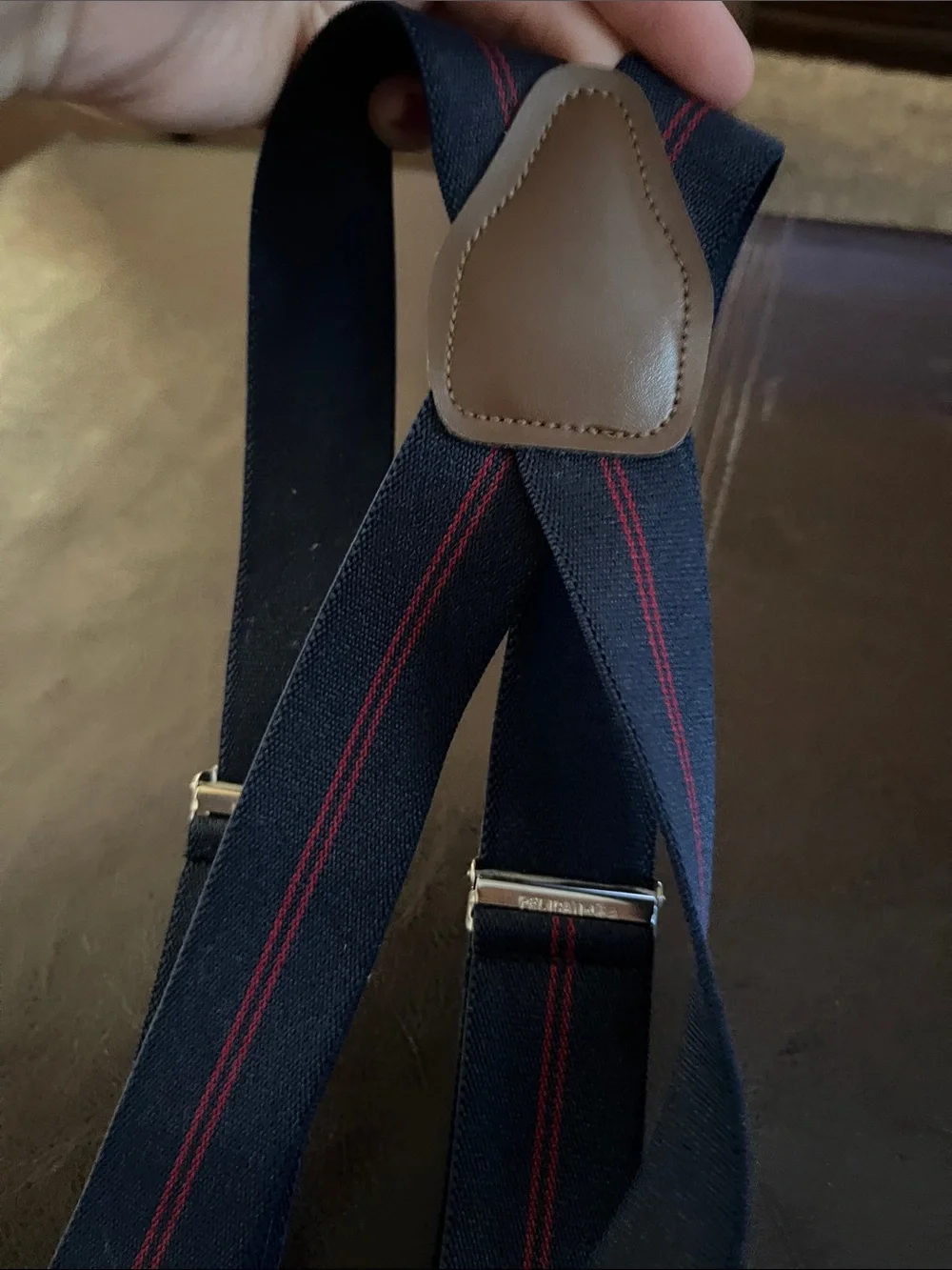Men's Navy Suspenders with Red Stripe and Brown  Trim